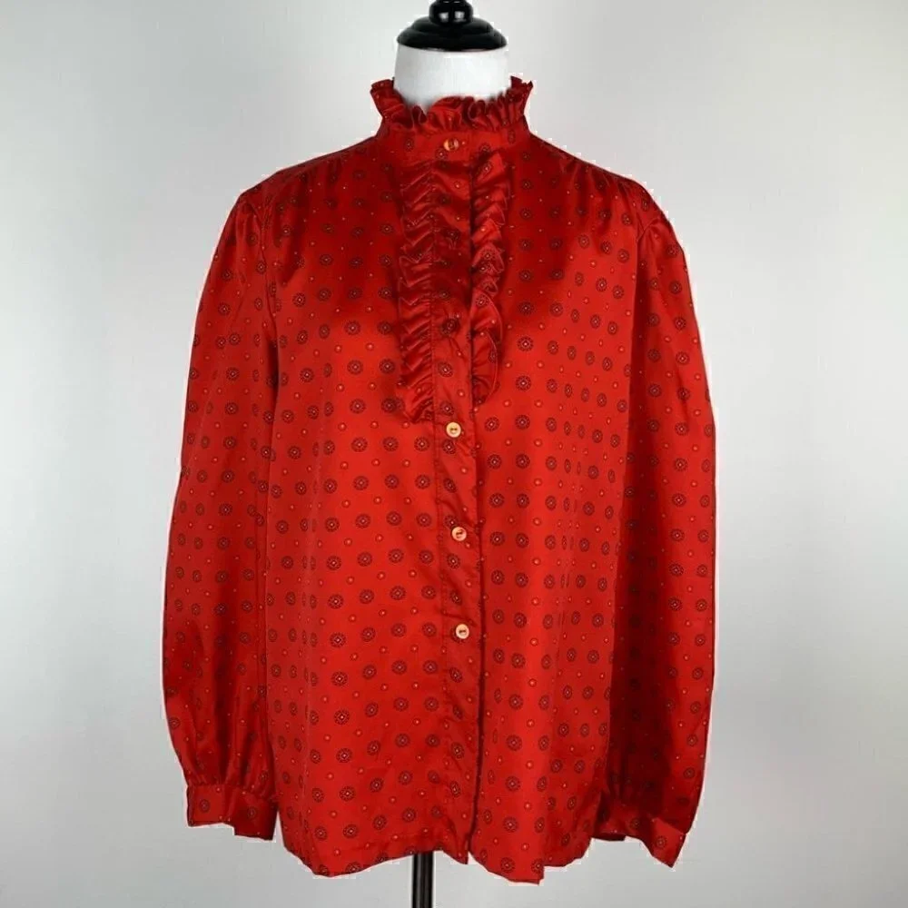Pins and Needles Womens top size 18 Red geometric ruffle button down vintage 80s